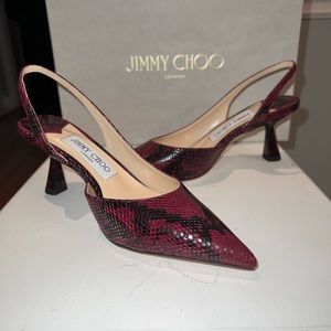 Jimmy Choo Fetto 65 Bordeaux Snake Printed Tortol Leather kitten heels